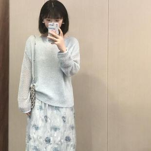 宽松气质上衣 TT坏坏2025秋季 新款 法式 温柔奶油软糯感浅蓝色针织衫