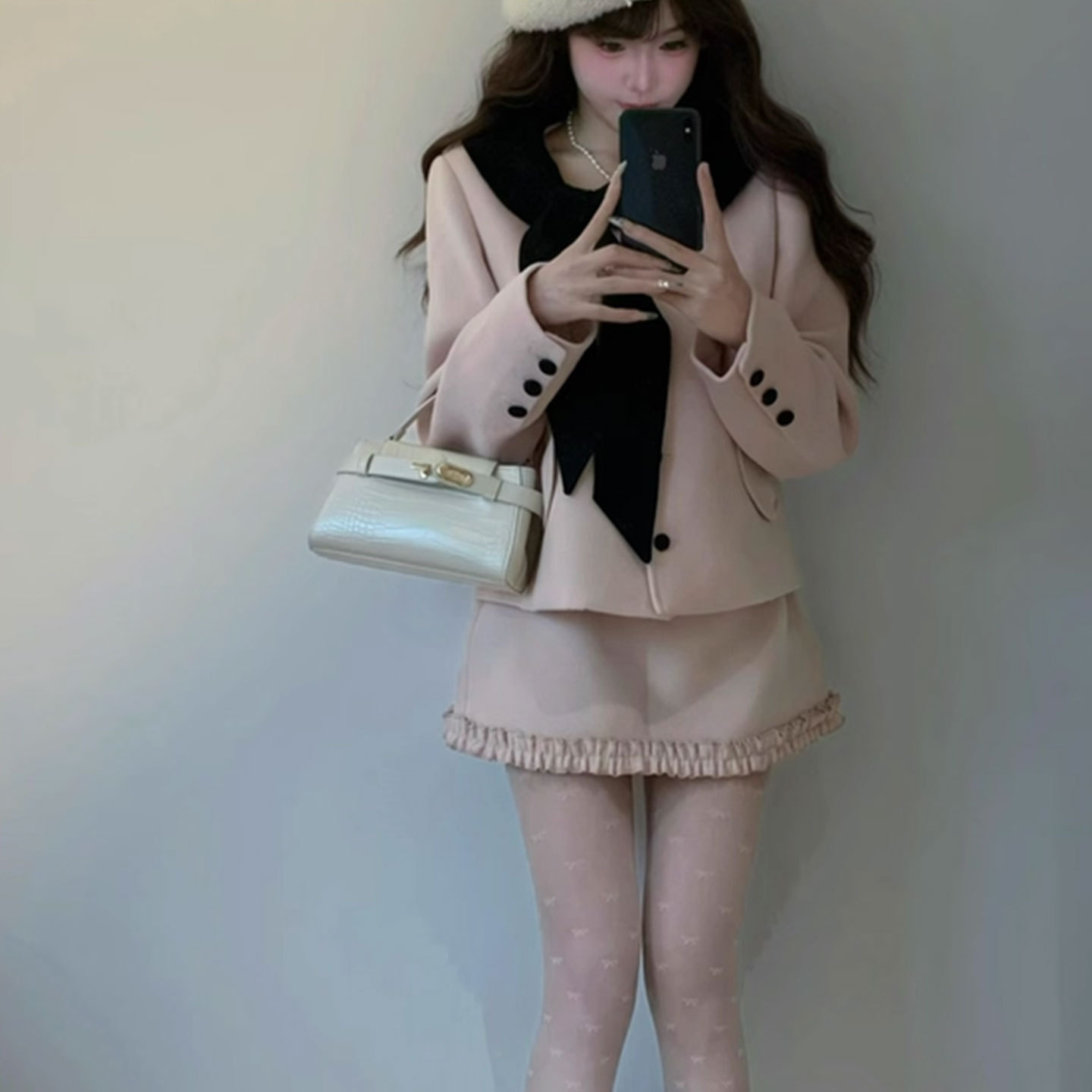 冬季学院风羊毛呢大衣半身裙套装