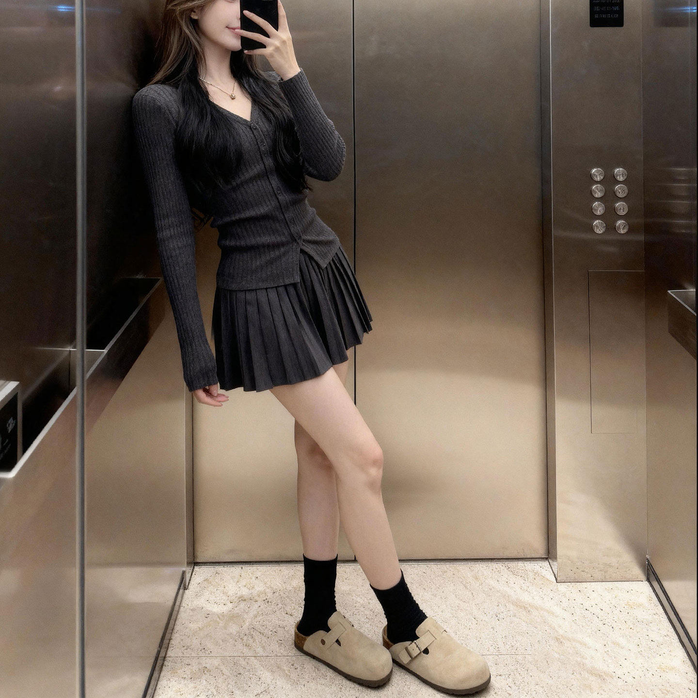 赫本风高级感深灰色毛衣开衫针织外套百褶半身裙两件套短裙套装女