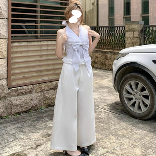 韩系基础百搭白色阔腿裤 女夏凉感透气裤 子休闲裤 宽松慵懒风拖地裤