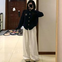 SOLOTARIO设计感金扣藏青色毛衣开衫女秋冬慵懒学院风针织短外套