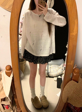 GAZ线上商店新款薄款钩花镂空针织长袖套头温柔慵懒风上衣女