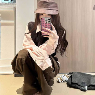 韩系洋气减龄刺绣衬衫外套女2025秋冬新款学院风粉色慵懒百搭衬衣