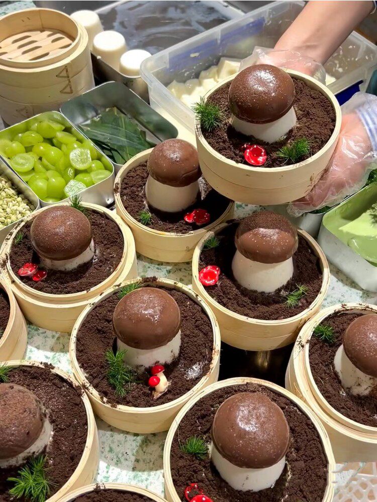 蘑菇奶豆腐专用蒸笼商用桂花酒酿麻薯柿子大幅甜品火锅卤菜小竹笼