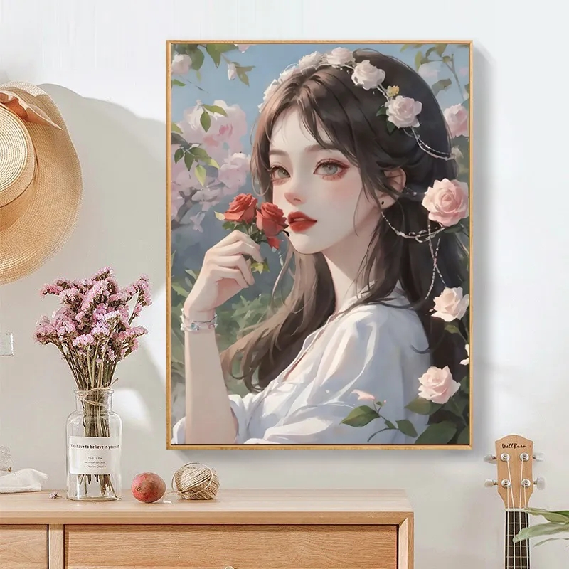 数字油画diy填色手工玫瑰女孩花卉丙烯油画壁画装饰画生日礼物画图片