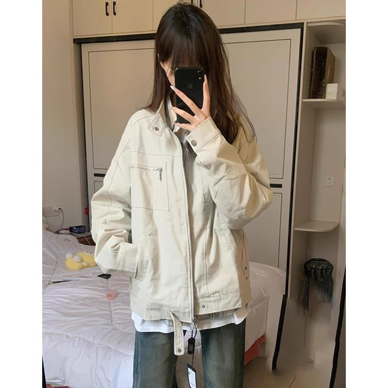 美式复古立领外套女2025新款春秋季百搭宽松男女款潮牌夹克上衣潮