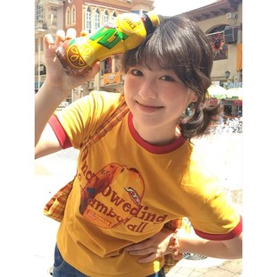 美式 多巴胺黄色正肩t恤宽松休闲百搭上衣 复古印花纯棉短袖 女夏季