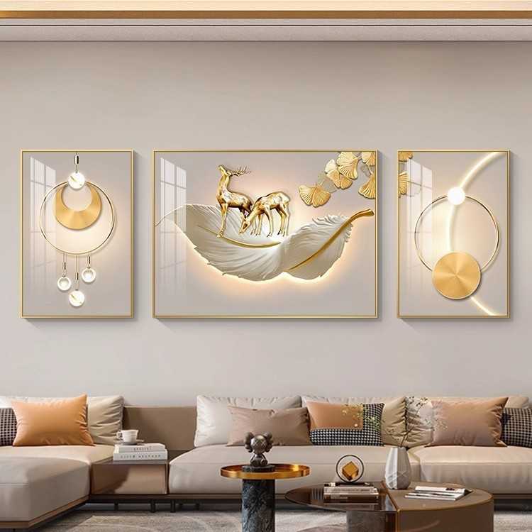 现代轻奢羽毛三联装饰画简约大气