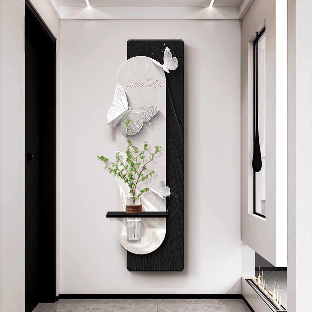 蝴蝶玄关装饰画花瓶绿植高级感客厅走廊过道壁画中古风水培挂画