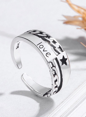 简约森系泰银五角星戒指女时尚个性做旧复古字母锁链戒指开口饰品