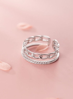 2024新款韩版双层链条镶钻戒指女简约感文艺气质时尚手饰品戒指戒