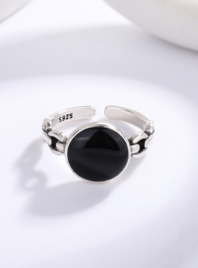 简约滴胶圆形开口戒指女日韩版森系个性做旧锁链戒指复古指环