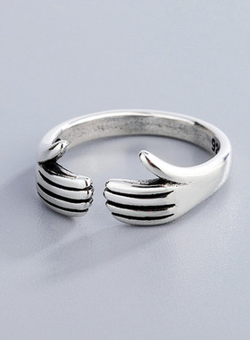 给我一个拥抱戒指女款开口复古做旧创意个性手掌指环泰银韩版饰品