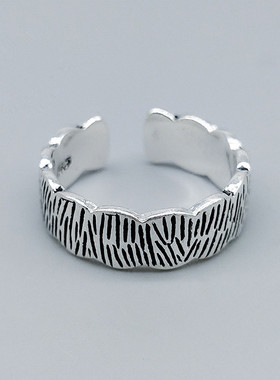 欧美复古泰银森系树皮纹戒指简约做旧条纹波浪花边开口指环手饰品