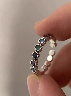 新款韩版彩色圆形锆石戒指女式复古时尚璀璨拼色气质甜美简约指环