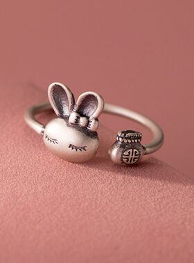 2024日韩风复古钱袋兔子戒指女可爱甜美本命年生肖动物开口指环