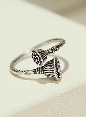 新款复古花朵戒指韩版简约气质荷花莲蓬戒指开口手工银手饰