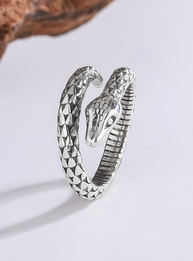 新品欧美新款复古时尚银蛇戒指跨境饰品灵蛇形男款泰银创意礼物