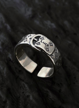 新品欧美复古luck字母小花朵皮带扣戒指时尚个性设计感泰银指环戒