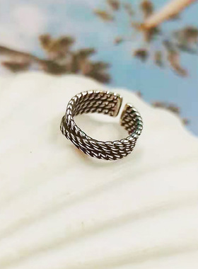 韩版时尚个性编织锁链戒指复古泰银手工编织麻花锁链个性开口指环