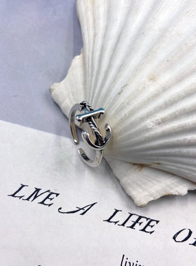 韩版森系船锚戒指复古简约个性泰银做旧开口戒指饰品0888