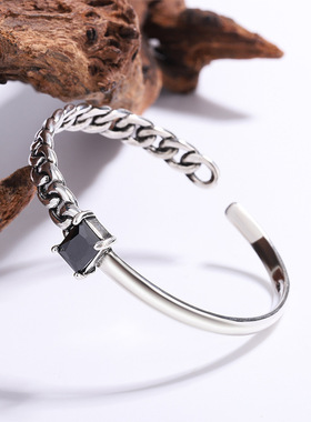 新品韩版东大门黑玛瑙链条手镯女时尚气质镶钻不规则锁链开口手环