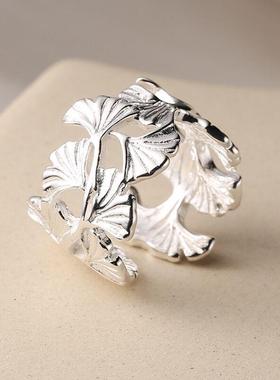 新款欧美宽面银杏树叶戒指时尚个性小众设计冷淡风热卖指环饰品