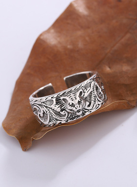 新款时尚潮牌豹子头戒指女士复古泰银霸气动物头雕花纹开口指环