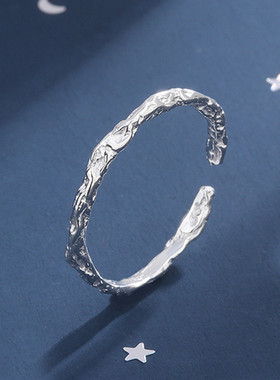 韩版个性锡纸凹凸面戒指简约设计单排细款素银色指环开口饰品戒指
