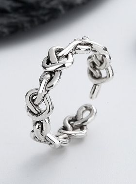 新品复古泰银锁链镂空打结爱心戒指女时尚ins风轻奢百搭潮流指环