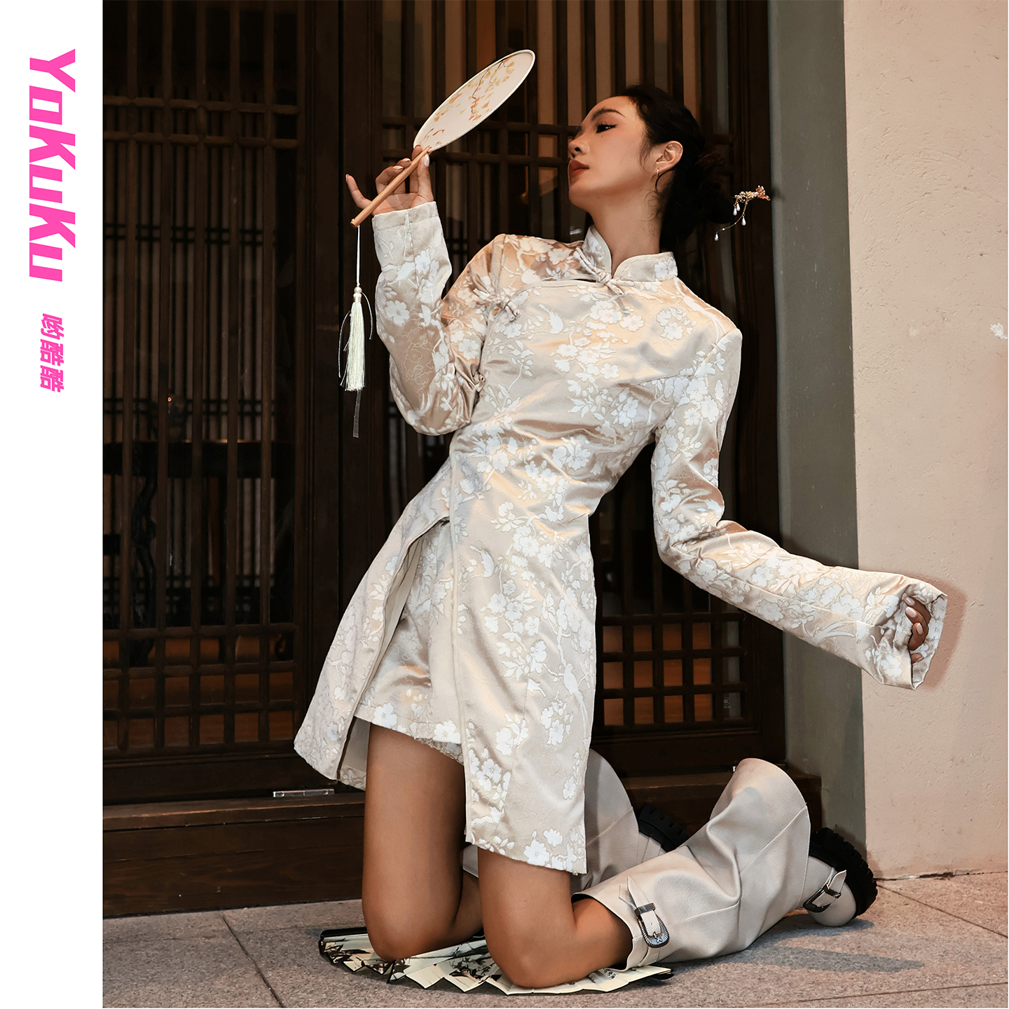 哟酷酷（人间清欢）秋季小众设计新中式提花旗袍女盘扣鎏金上衣女