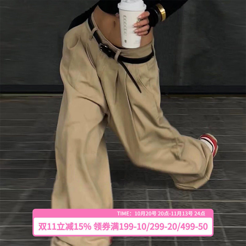 哟酷酷 秋季美式复古休闲裤高腰宽松直筒显瘦卫裤百搭工装阔腿裤