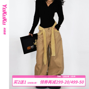 美式 秋冬季 复古工装 休闲裤 女 哟酷酷 女显瘦阔腿弯刀裤 牛皮纸