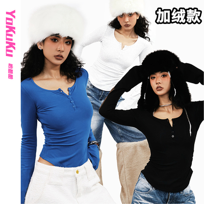 哟酷酷（记忆荒岛）新款时尚加绒上衣女半扣弹力T恤长袖打底衫女
