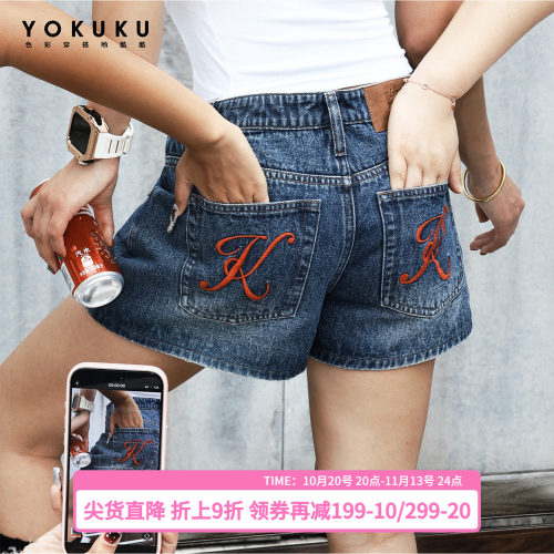 哟酷酷美式复古设计感牛仔短裤