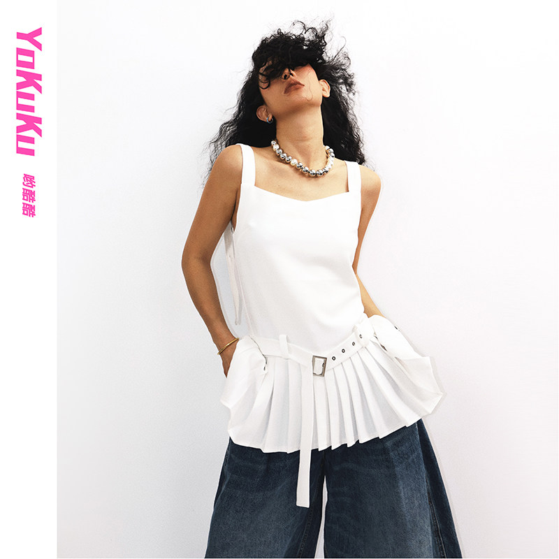 哟酷酷（怪诞文学）小众设计ins甜酷百褶裙子女修身吊带连衣裙女