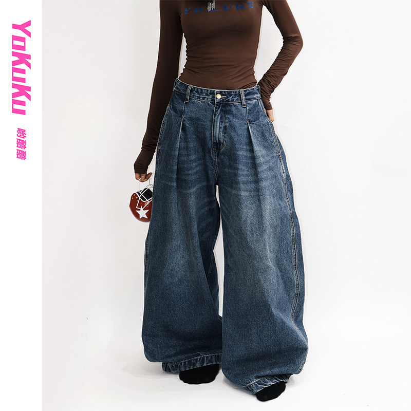 哟酷酷（巴黎铁塔）美式中低腰复古阔腿裤女水洗显瘦显高牛仔裤女