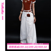 女宽松阔腿牛仔裤 哟酷酷 女多口袋 美式 明线解构弯刀裤 经典 再现