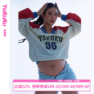 复古运动风上衣V领撞色长袖 哟酷酷 美式 你 T恤女情侣卫衣 亲爱