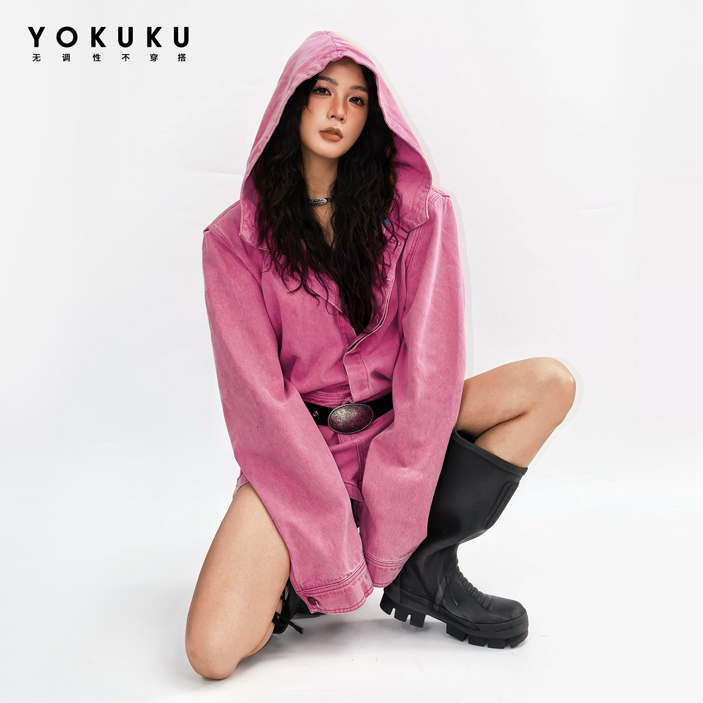 哟酷酷美式牛仔连体衣裤女连帽