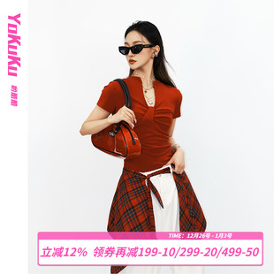 情绪胶囊 T恤女V领修身 美式 百搭短袖 显瘦上衣女 复古时尚 哟酷酷