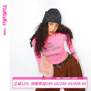 T恤女抽褶紧身上衣字母刺绣拇指扣打底衫 复古长袖 春秋美式 哟酷酷