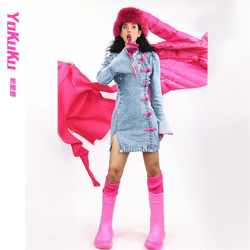 哟酷酷（福禄东方）新中式旗袍撞色连衣裙女马蹄扣修身显瘦牛仔裙