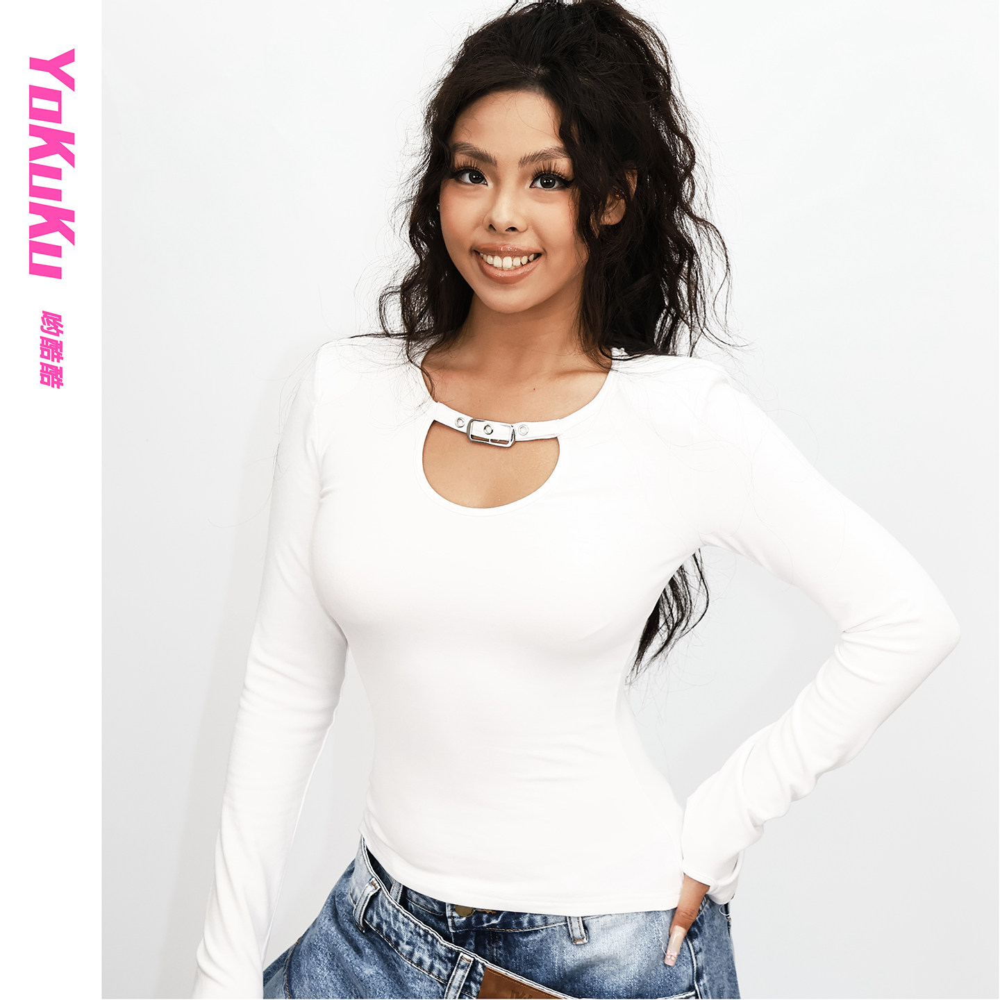 哟酷酷水滴领口设计长袖T恤女