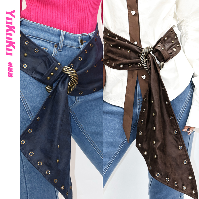 哟酷酷（老城十字街）美式复古做旧麂皮绒88铆钉腰带废土宽腰封女