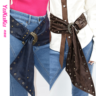 哟酷酷（老城十字街）美式复古做旧麂皮绒88铆钉腰带废土宽腰封女