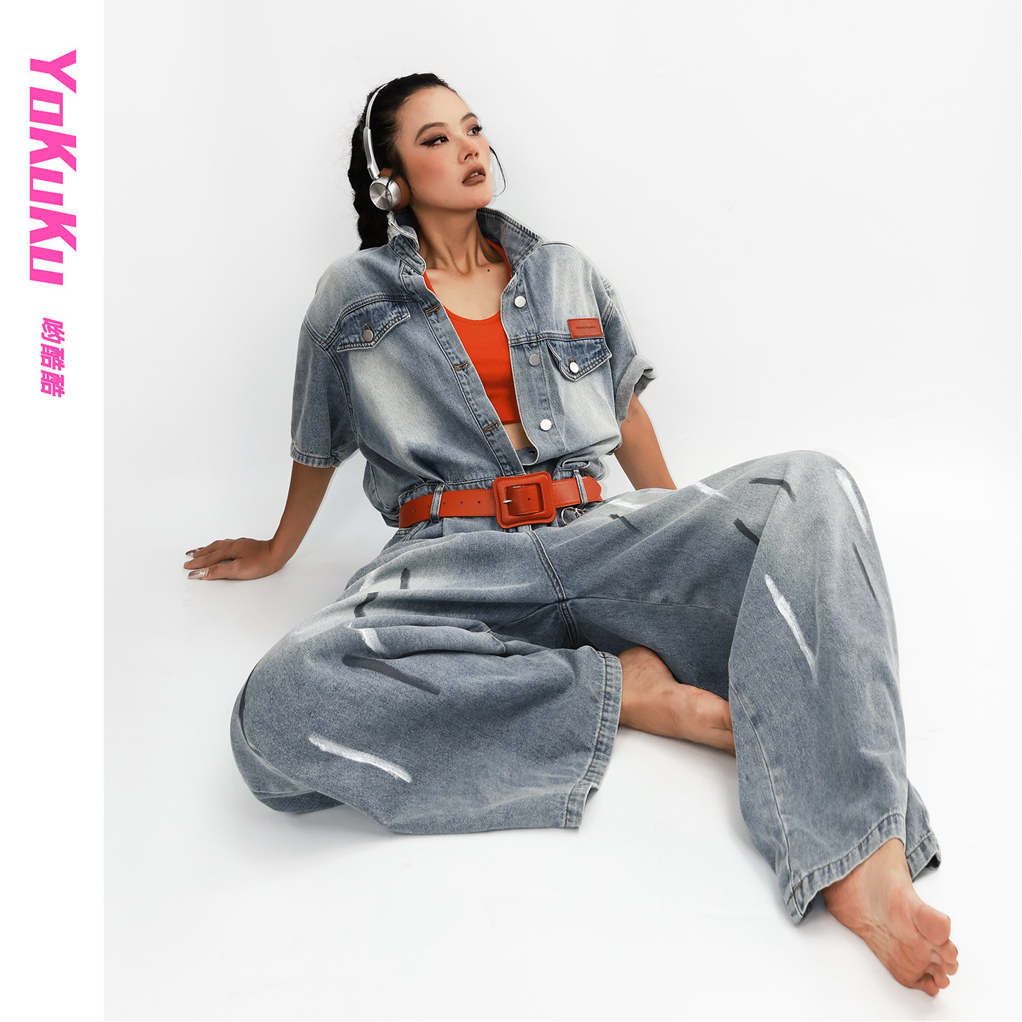哟酷酷 做旧复古酷飒风牛仔连体衣裤女露腰显瘦个性工装牛仔裤女