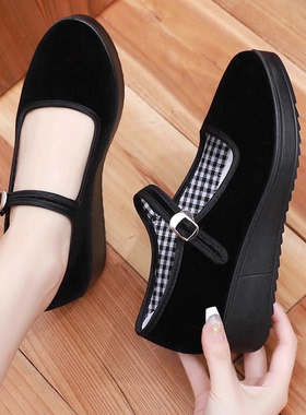 聚氨酯轻底夏季透气厚底防滑浅口黑色圆头绒面酒店上班工作礼仪鞋