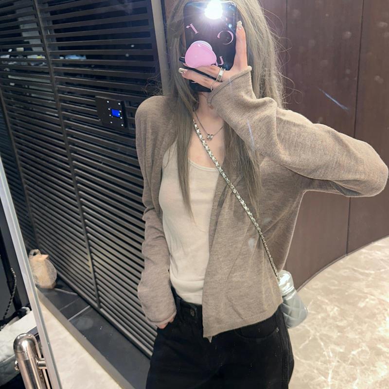 夏季松弛感别致薄款长袖外套针织开衫慵懒风吊带披肩外搭纯欲上衣