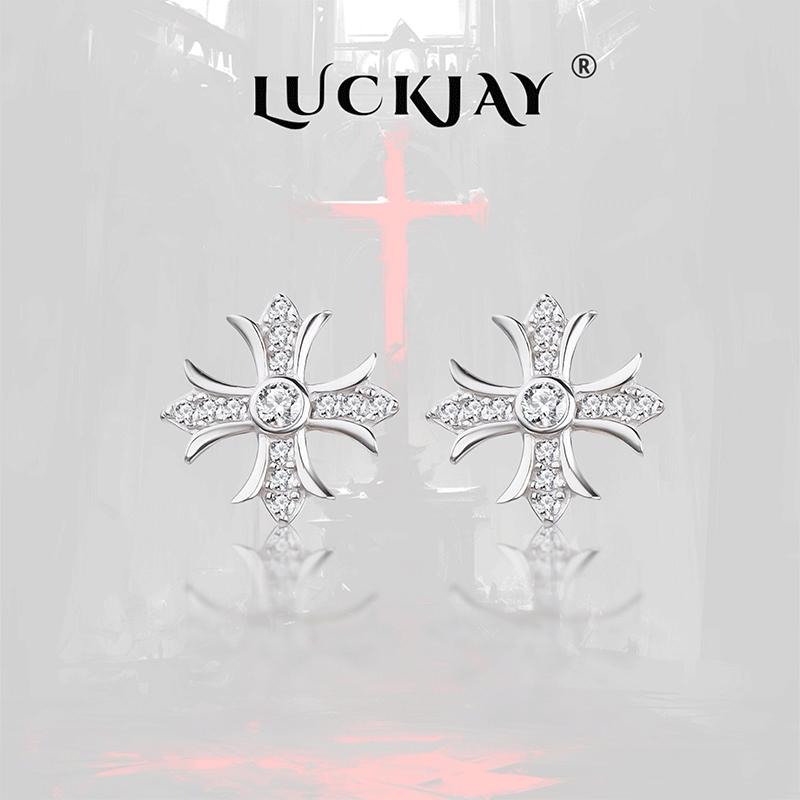 LUCKJAY纯银十字架十字花男耳钉
